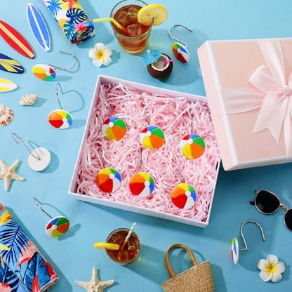 Thyle 12 Pcs Summer Beach Shower Curtain Hooks - Colorful Beach Ball Resin Decorative Curtain Rings Rust Proof Stainless Steel for Coastal, Summer Hawaiian Tropical Bathroom Bedroom Party Decor