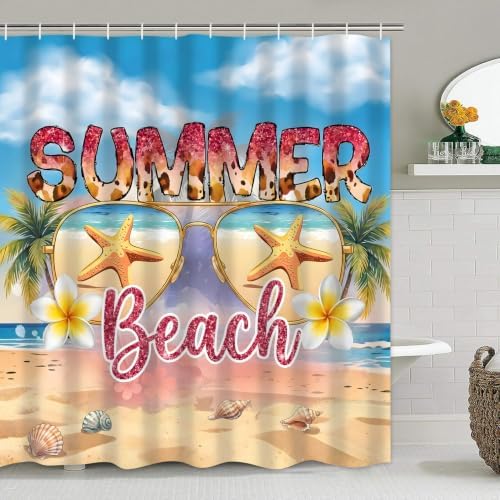 LQCOOL Beach Scene Shower Curtain Set 4Pcs Summery Bathroom Sets with Rugs Waterproof Shower Curtain with 12 Hooks for Bathroom Decor