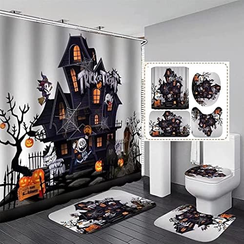 NBVKO Halloween Pumpkin Waterproof Shower Curtain,with Non-Slip Rugs,Toilet Lid Cover and Bath Mat,Bathroom Shower Decor Accessory Set