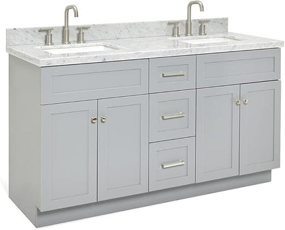 ARIEL Hamlet 60-inch Bathroom Vanity with Sink,Solid Wood, 1.5-inch Italian Carrara Marble Countertop & Backsplash, Double Rectangular Porcelain Sink, 4 Soft Closing Doors, 3 Dovetail Drawers, Grey
