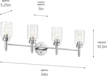Kichler Madden 4-Light Vanity with Clear Glass in Chrome, Sloped Ceiling Compatible, for Single or Double Vanity in Bathroom (10.5" x 34"), 55186CH