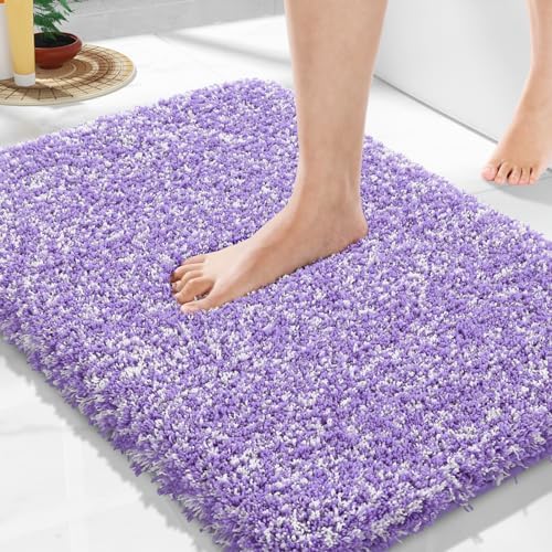 Yimobra Bathroom Rugs Non Slip Washable, Ultra Soft and Water Absorbent Bath Mats, Plush Fluffy Shower Mat Outside, Microfiber Thick Matts for Bathroom Floor/Sink, 24X17, Purple and White