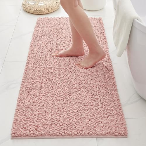 Bathroom Rugs Non Slip Washable 44x24, Extra Thick Soft Chenille Absorbent Bath Mat, High Density Barrier Non Slip Backing, Quick Dry Plush Shaggy Floor Carpet for Tub&Shower, Pink