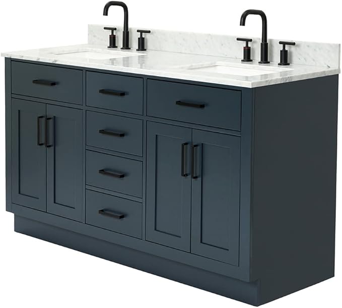 ARIEL Hepburn 60-inch Bathroom Vanity with Sink,Solid Wood, 0.75-inch Italian Carrara Marble Countertop, Double Rectangular Porcelain Sink, 4 Soft Closing Doors, 6 Dovetail Drawers, Midnight Blue