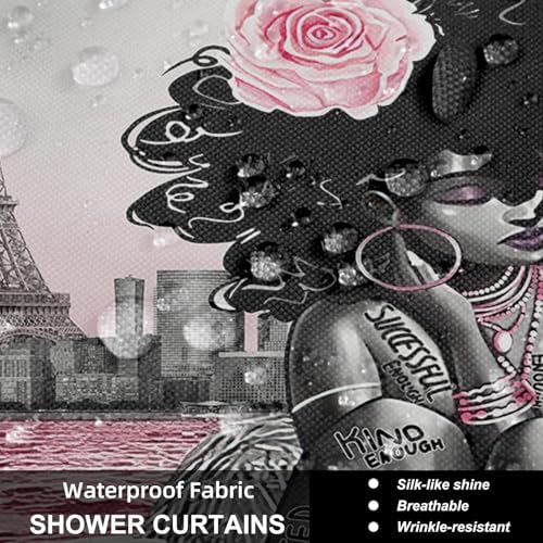 African American Woman Bathroom Shower Curtain Set, Pink Grey