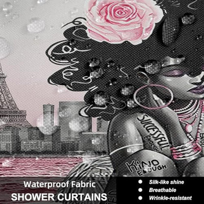 African American Woman Bathroom Shower Curtain Set, Pink Grey