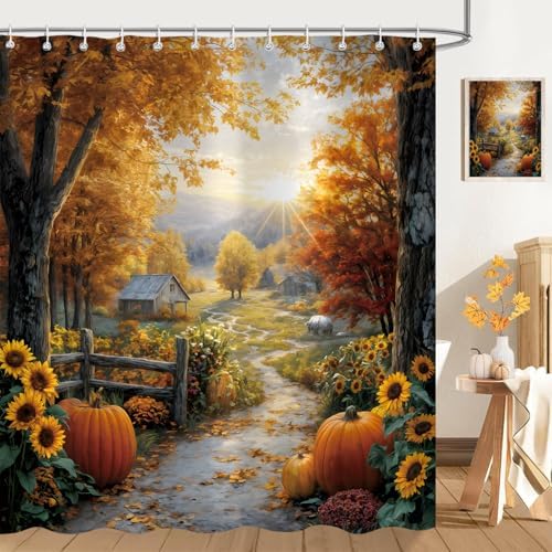 Fall Shower Curtain, Autumn Pumpkin Tree Bathroom Decor, 72 x 72 Inch Polyester Fabric Waterproof Bathroom Curtain with 12 Hooks