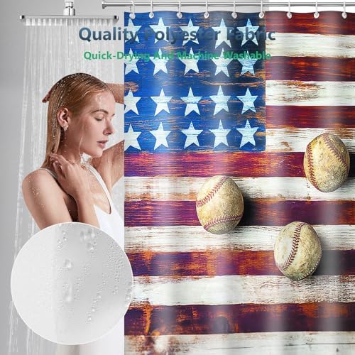 Vintage Wood American Flag Baseball Shower Curtain with Hooks 72 x 72 Inch