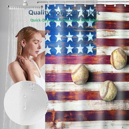 Vintage Wood American Flag Baseball Shower Curtain with Hooks 72 x 72 Inch