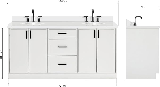 ARIEL Kelly 72-inch Bathroom Vanity with Sink,Solid Wood, 1.5-inch Pure White Quartz Countertop & Backsplash, Double Oval Porcelain Sink, 4 Soft Closing Doors, 5 Dovetail Drawers, White