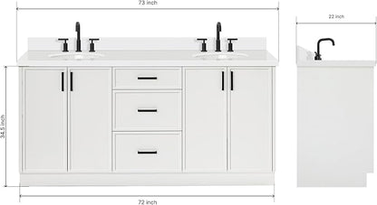 ARIEL Kelly 72-inch Bathroom Vanity with Sink,Solid Wood, 1.5-inch Pure White Quartz Countertop & Backsplash, Double Oval Porcelain Sink, 4 Soft Closing Doors, 5 Dovetail Drawers, White