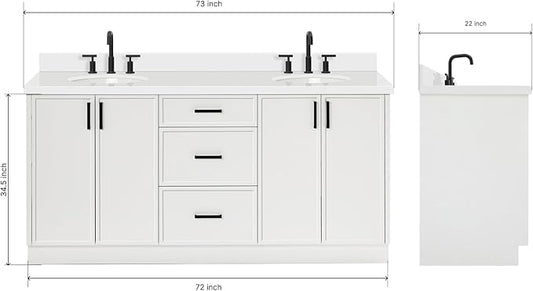 ARIEL Kelly 72-inch Bathroom Vanity with Sink,Solid Wood, 1.5-inch Pure White Quartz Countertop & Backsplash, Double Oval Porcelain Sink, 4 Soft Closing Doors, 5 Dovetail Drawers, White