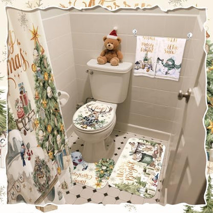 FuWeave 8 Pcs Christmas Shower Curtain Set Xmas Santa Bathroom Decoration Christmas Tree Hand Towels Snowman Toilet Lid Cover Bathroom Rugs Xmas Shower Curtain with Hooks (Vintage Style)
