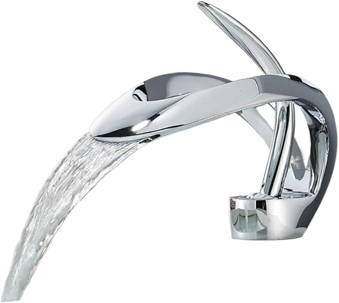 Faucet Modern Brass Bathroom Basin Faucet with Waterfall Spout Deck Mount Hot Cold Water Mixer Tap Durable Construction(Silver) Faucet