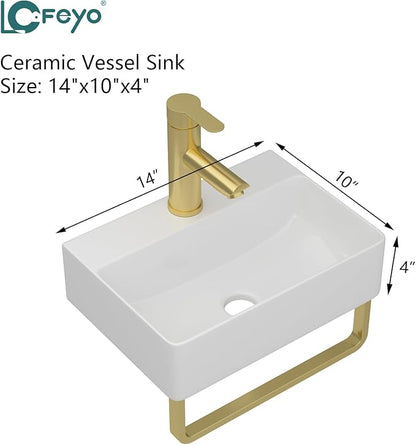 Floating Bathroom Sink Wall Mounted - 14"x10" Rectangular Vessel Sink With Gold Faucet & Drain Combo Small Modern White Ceramic Porcelain Vessel Vanity Sinks
