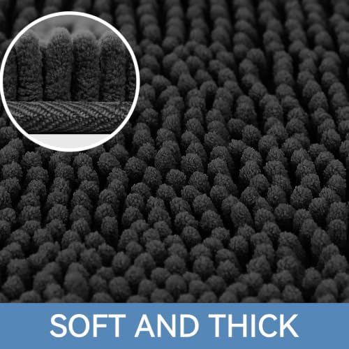 Bcoimo Bath Rug Mat, 60x24 Chenille Non Slip Black Long Bathroom Runner Rug