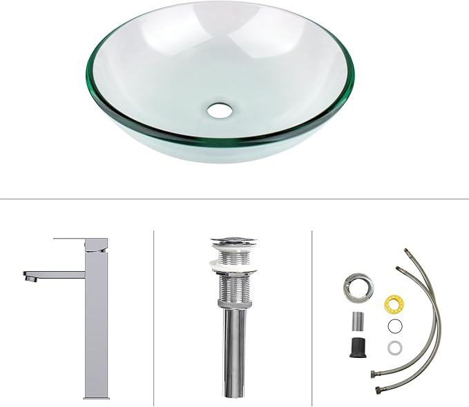 Bathroom Vessel Sink, Tempered Glass Vanity Round Bowl with Chrome Faucet and Pop up drain Set, Clear