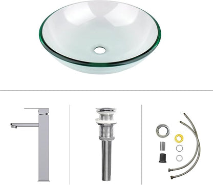 Bathroom Vessel Sink, Tempered Glass Vanity Round Bowl with Chrome Faucet and Pop up drain Set, Clear