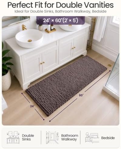 DEXI Bathroom Runner Rugs 60x24, Non Slip Chinelle Bath Mat, Dark Taupe
