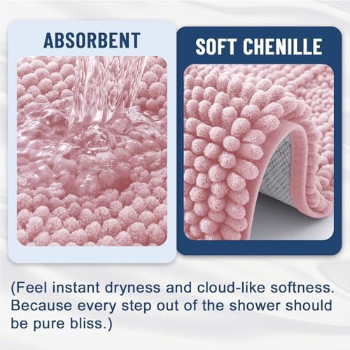 Grandaily Chenille Striped Bathroom Rugs 24x16, Extra Thick and Soft Absorbent Bath Mats, Rubber Backing, Plush Shaggy Shower Carpet, Machine Wash Dry, Bath Rug for Bathroom, Dusty Rose