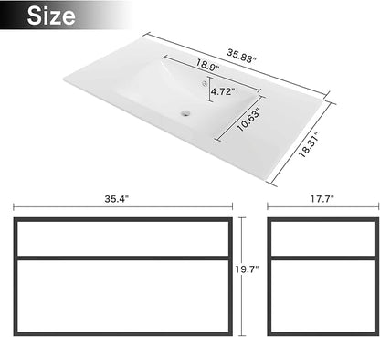 wonline 36" Bathroom Vanity Metal Frame with Sink Top, Floating Vanity with Open Shelf, Modern Wall Mounted Bathroom Cabinet Set with White Sink