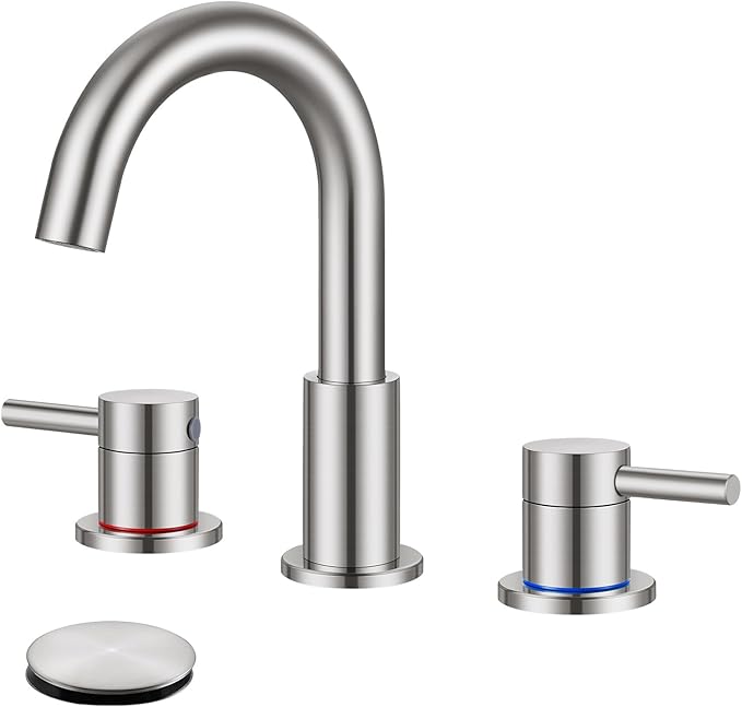 FGKQ Brushed Nickel Bathroom Faucet 3 Hole, 8 inch Widespread Bathroom Faucets for Sink 3 Hole Brushed Nickel with Pop-Up Drain Water Supply Lines