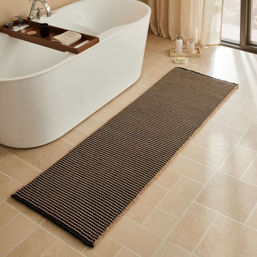 Triohero Waffle Runner Rug Bathroom, Long Boho Bath Mat 24x72 Black & Khaki