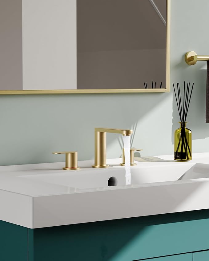 BWE Brushed Gold Bathroom Faucet 3 Hole, 8 Inch Widespread Gold Bathroom Faucets with Pop-up Drain and Supply Lines, 360° Swivel Spout 2-Handle Sink Faucet for Bath Vanity