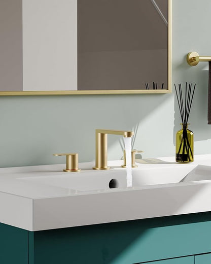 BWE Brushed Gold Bathroom Faucet 3 Hole, 8 Inch Widespread Gold Bathroom Faucets with Pop-up Drain and Supply Lines, 360° Swivel Spout 2-Handle Sink Faucet for Bath Vanity