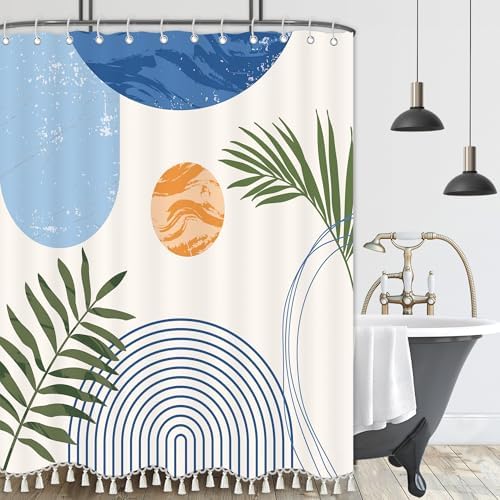 Boho Mid Century Leaf Shower Curtain Set,Arch Sun Design,Minimalistic Leaves Pattern,Waterproof and Luxurious Fabric-12 Hooks(Light Blue-72" x 72")