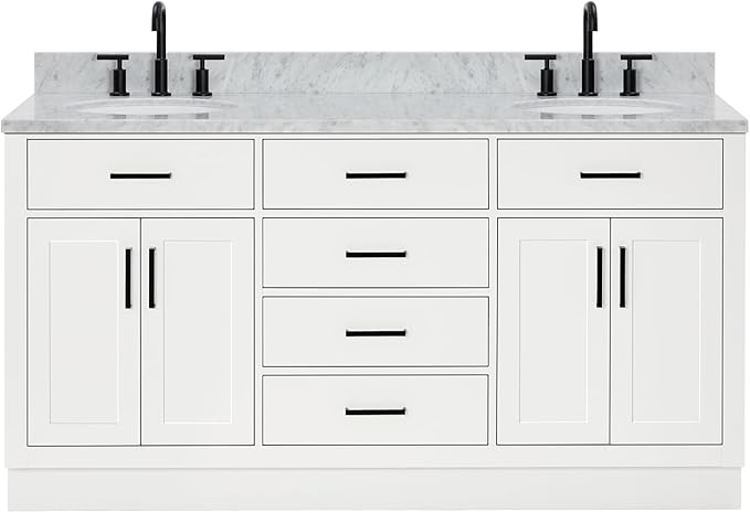 ARIEL Hepburn 66-inch Bathroom Vanity with Sink,Solid Wood, 0.75-inch Italian Carrara Marble Countertop & Backsplash, Double Oval Porcelain Sink, 4 Soft Closing Doors, 6 Dovetail Drawers, White