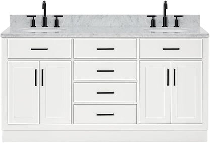 ARIEL Hepburn 66-inch Bathroom Vanity with Sink,Solid Wood, 0.75-inch Italian Carrara Marble Countertop & Backsplash, Double Oval Porcelain Sink, 4 Soft Closing Doors, 6 Dovetail Drawers, White