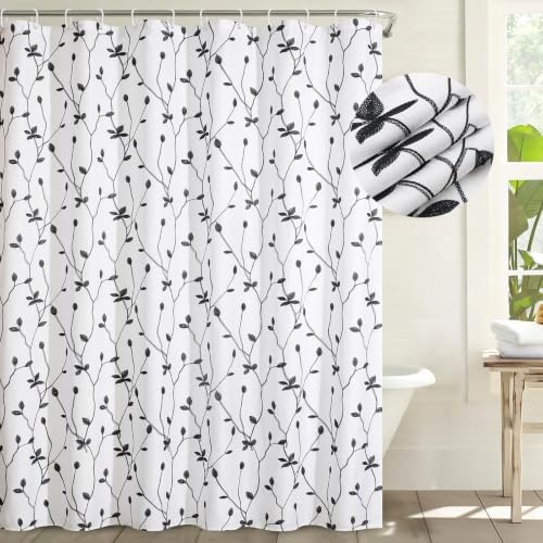 Embroidered Leaf Farmhouse Shower Curtain,Faux Linen,72Wx72L,White Black