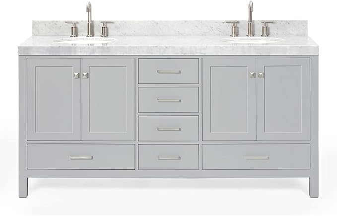 ARIEL Cambridge 72-inch Bathroom Vanity with Sink,Solid Wood, 2-inch Italian Carrara Marble Countertop & Backsplash, Double Oval Porcelain Sink, 4 Soft Closing Doors, 6 Dovetail Drawers, Grey