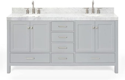 ARIEL Cambridge 72-inch Bathroom Vanity with Sink,Solid Wood, 2-inch Italian Carrara Marble Countertop & Backsplash, Double Oval Porcelain Sink, 4 Soft Closing Doors, 6 Dovetail Drawers, Grey