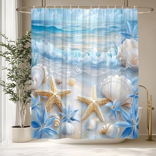 Beach Starfish Shower Curtain Sea Waves Seacoast Scenery with Sand with Various Seashells Scallop Conch Tropics Seaside Summer Coastal Ocean Theme Decorative Curtain Polyester Fabric