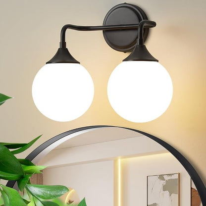 Black Bathroom Light Fixtures Over Mirror Vanity 2-Light | Mid Century Modern Matte Black Wall Sconce with Milky White Glass Ball Shades for for Bathroom Dressing Table Bedroom