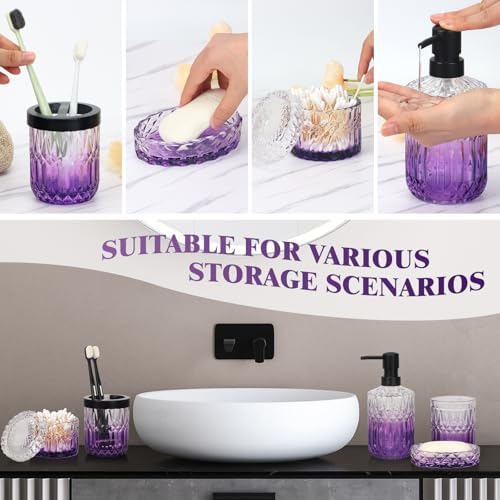 Bathroom Accessories Set, 5Pcs Bathroom Soap Dispenser Set, Glass Bathroom Accessories with Glass Soap Dispenser, Soap Dish, Toothbrush Holder, Tumbler, Cotton Swab Jar (Clear & Purple)
