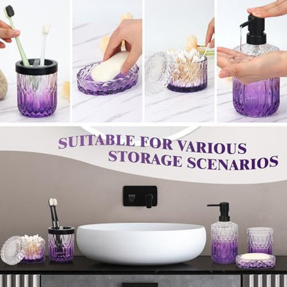 Bathroom Accessories Set, 5Pcs Bathroom Soap Dispenser Set, Glass Bathroom Accessories with Glass Soap Dispenser, Soap Dish, Toothbrush Holder, Tumbler, Cotton Swab Jar (Clear & Purple)