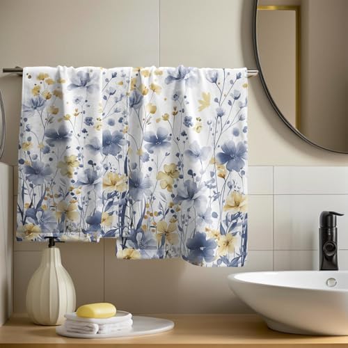 Blue Floral Hand Towels 14x28 Inch Grey Yellow Watercolor Flower Absorbent Microfiber Soft Dish Washing Cloth Face Tea Towel for Home Hotel Gym Laundry Room Kitchen Bathroom Decor