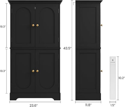 HAIOOU Bathroom Floor Cabinet with Motion Sensor Light, Classic Bathroom Storage Cabinet with Adjustable Glass Shelf, 4 Doors, Ample Storage for Hallway, Laundry Room, Living Room - Black