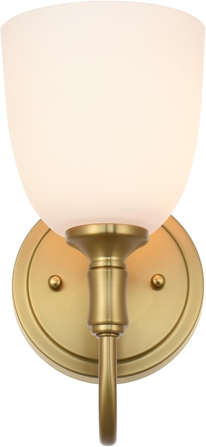 Gold Vintage Traditional 1-Light Indoor Wall Sconce with Frosted Glass Bathroom Bedroom Hallway, 10.6" H x 5.3" W, Aged Brass
