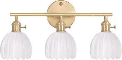 Bathroom Light Fixtures, 3-Light Brass Vanity wall Light Over Mirror with White Tulip Glass Shade for Bedroom Living Room (Bulb Not Included)