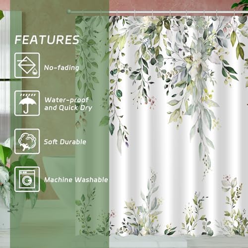 Eucalyptus Shower Curtain, Aesthetic Art Watercolor Plant Leaves with Floral Bathroom Decor, Waterproof Fabric Cloth Bath Curtain Set with Hooks (Green, 72" W x 72" L)