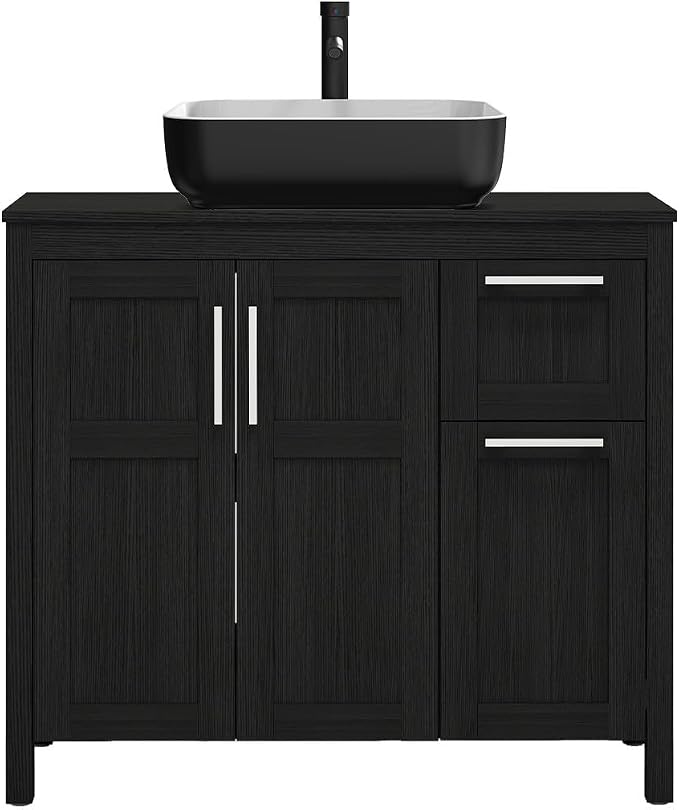 YOURLITE 36" Bathroom Vanity with Sink, Black Bathroom Vanity Cabinet, Faucet & Pop Up Drain Set,Traditional Vanity with with White & Black Ceramic Sink