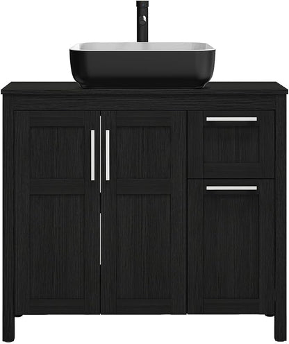 YOURLITE 36" Bathroom Vanity with Sink, Black Bathroom Vanity Cabinet, Faucet & Pop Up Drain Set,Traditional Vanity with with White & Black Ceramic Sink