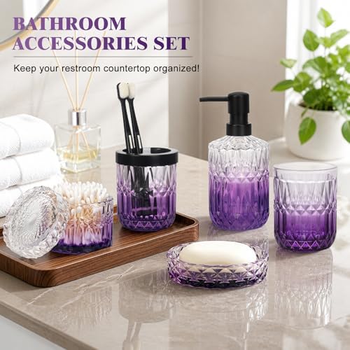 Bathroom Accessories Set, 5Pcs Bathroom Soap Dispenser Set, Glass Bathroom Accessories with Glass Soap Dispenser, Soap Dish, Toothbrush Holder, Tumbler, Cotton Swab Jar (Clear & Purple)