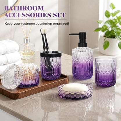Bathroom Accessories Set, 5Pcs Bathroom Soap Dispenser Set, Glass Bathroom Accessories with Glass Soap Dispenser, Soap Dish, Toothbrush Holder, Tumbler, Cotton Swab Jar (Clear & Purple)