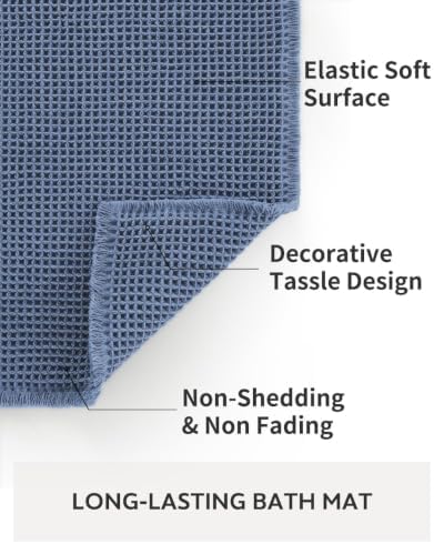 tchdio Waffle Bath Mat-Runner Rug, Super Absorbent Non Slip Bath Mats for Bathroom Machine Washable Long Rugs with Tassels, Bath Rugs for Bathroom Floor Beside Tub, 2' x 4'(24" x 48"), Blue