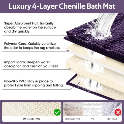 ACCUMTEK Striped Eggplant Purple Bathroom Rug Mat Set 2 piece 24"x17"+48"x20" Ultra Soft, Non Slip Chenille Bath Rugs, Absorbent Plush Shaggy Bath Mats for Bathroom, Bedroom, Kitchen, Shower, Tub